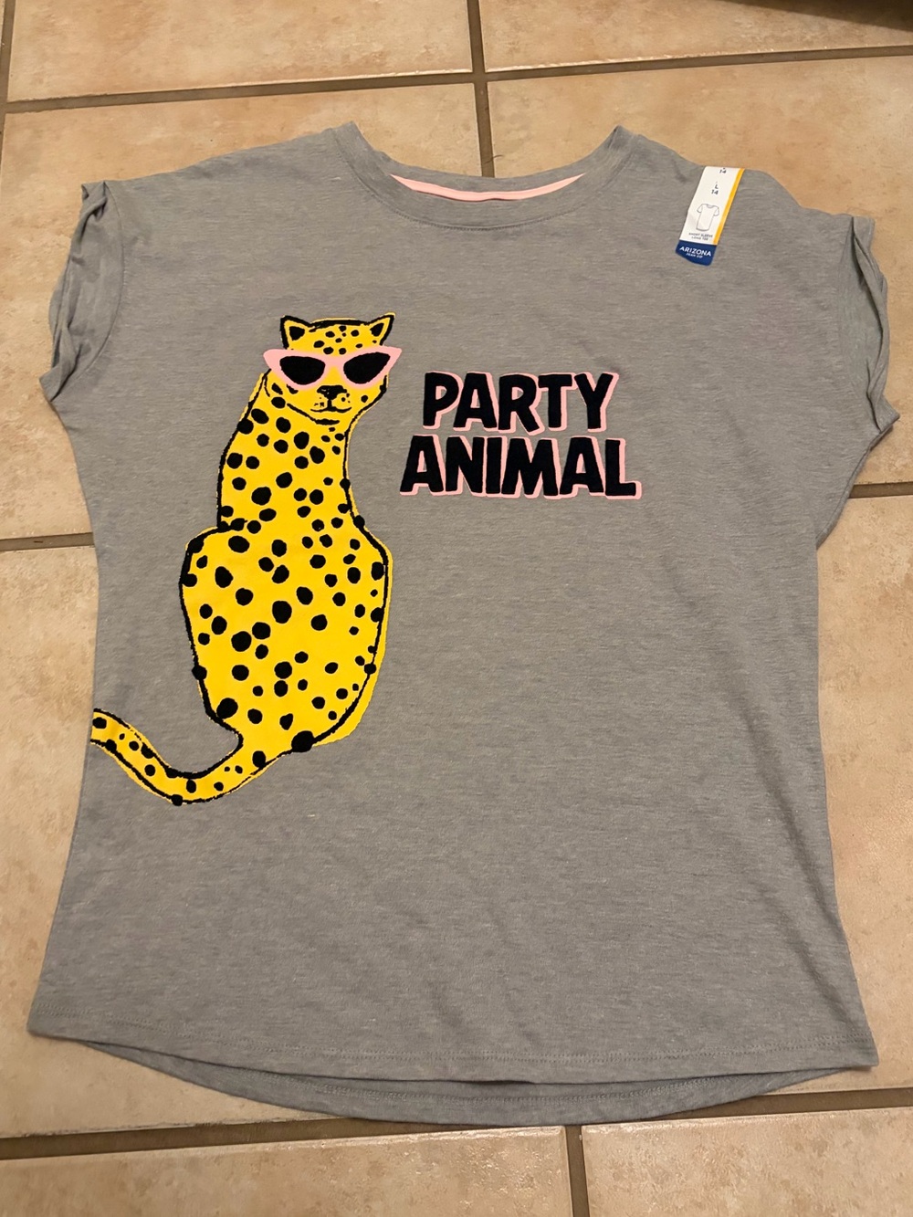 Party Animal womens' Grey Graphic Tee with Yellow Leopard